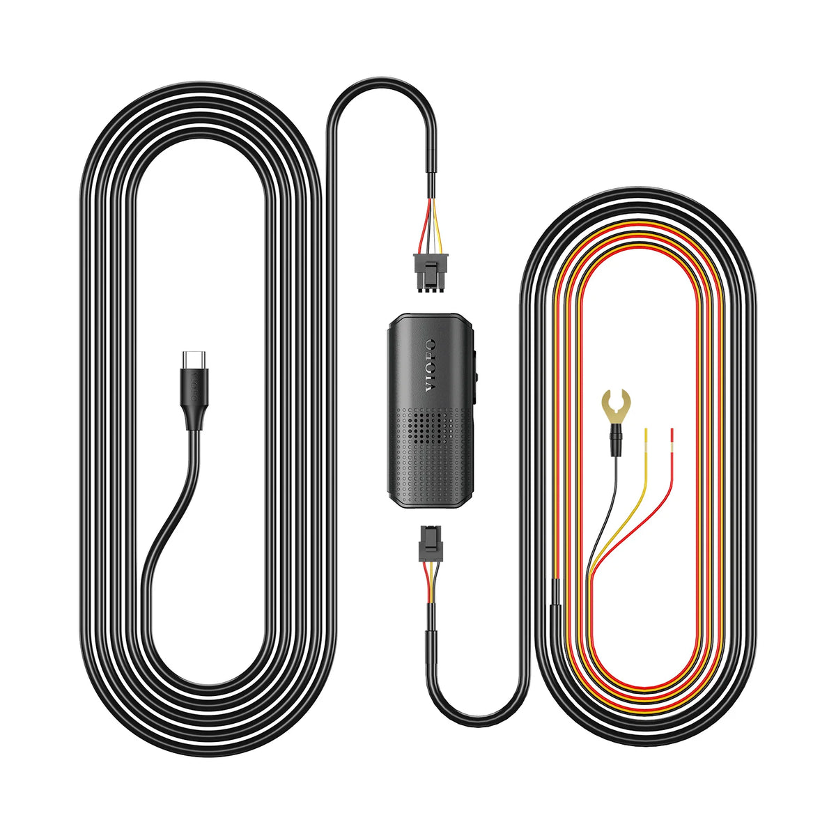 VIOFO HK6-A hardwire kit contents including USB-C cable and fuse tap