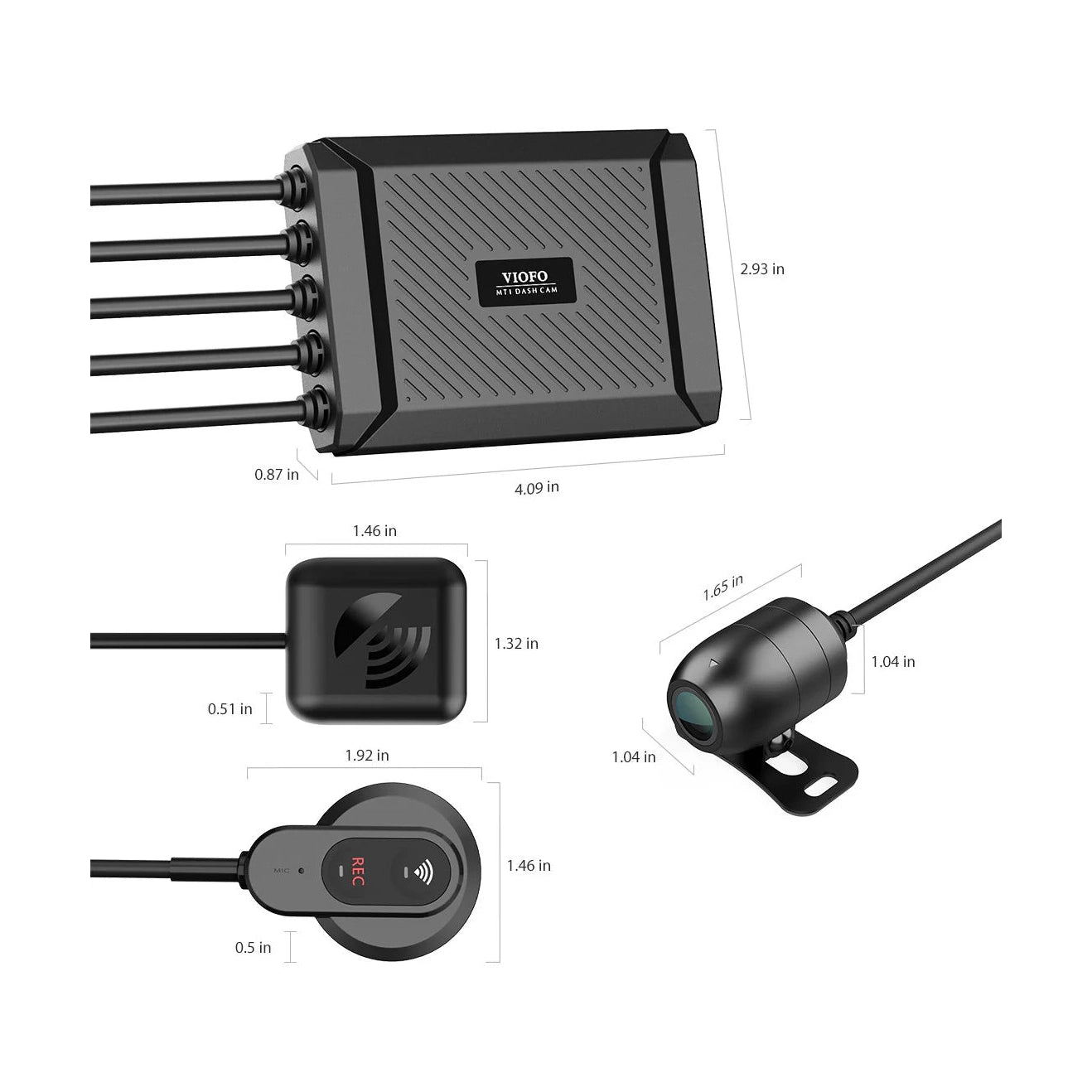 VIOFO MT1 motorcycle dash cam dimensional diagram showing main unit and camera sizes