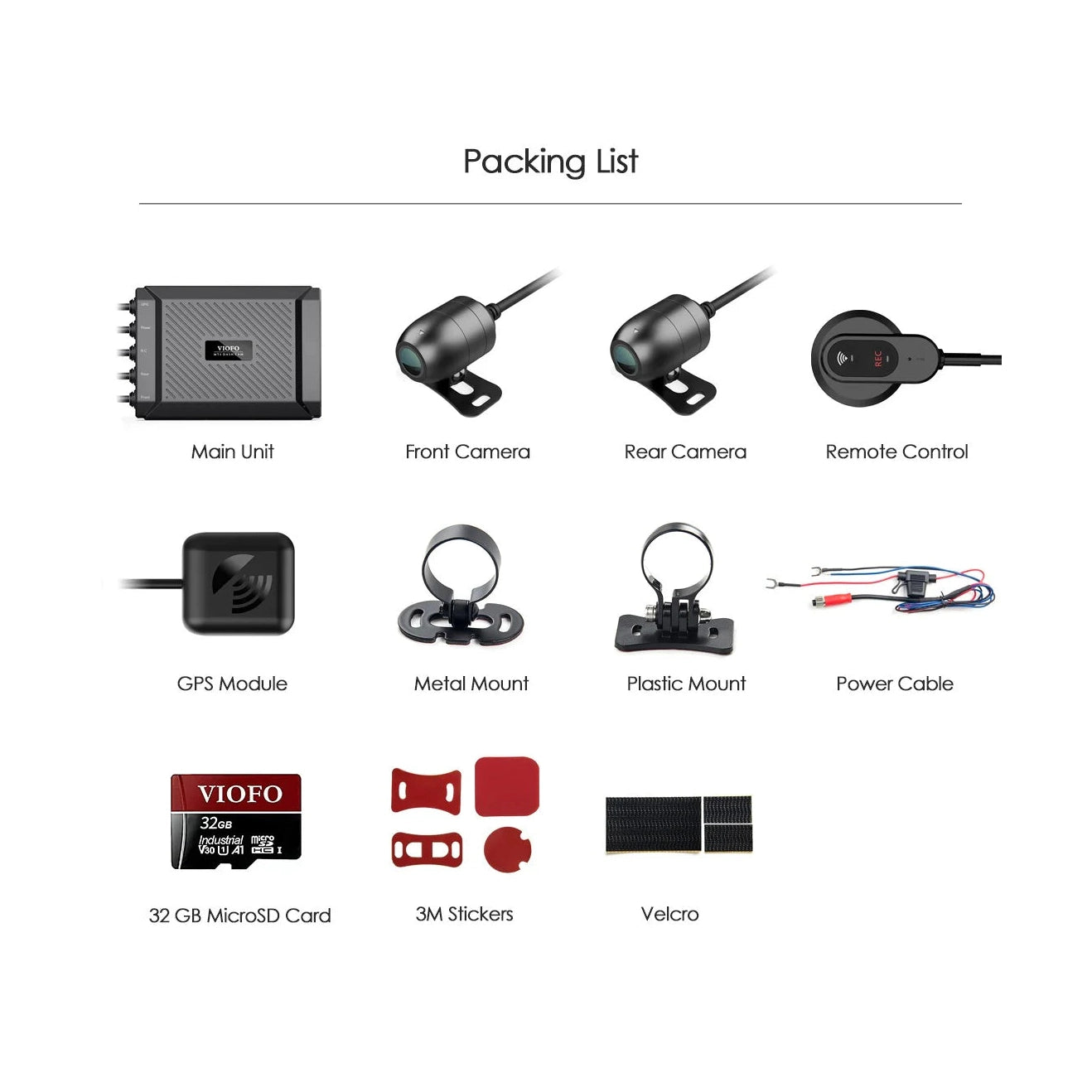 VIOFO MT1 motorcycle dash cam packing list including GPS module and mounting hardware