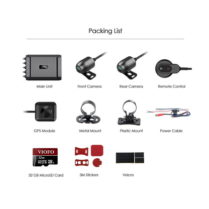 VIOFO MT1 motorcycle dash cam packing list including GPS module and mounting hardware