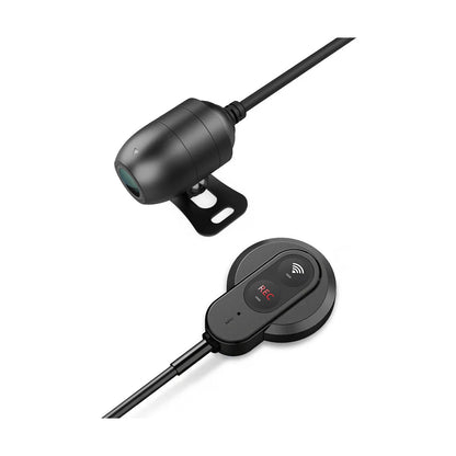 VIOFO MT1 motorcycle dash cam front camera with wired remote and Wi-Fi symbol