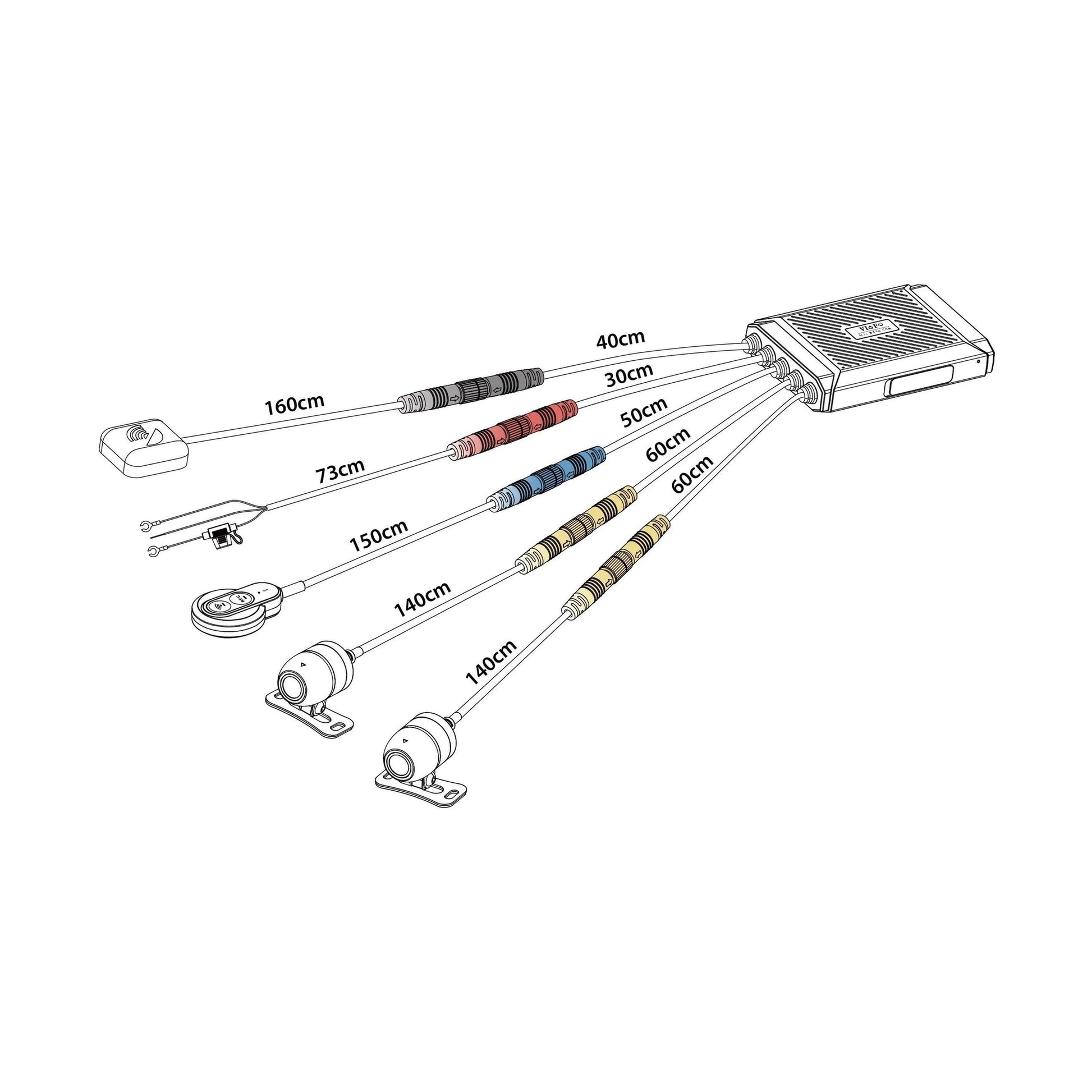 VIOFO MT1 dash cam cable layout diagram showing remote and camera wire lengths