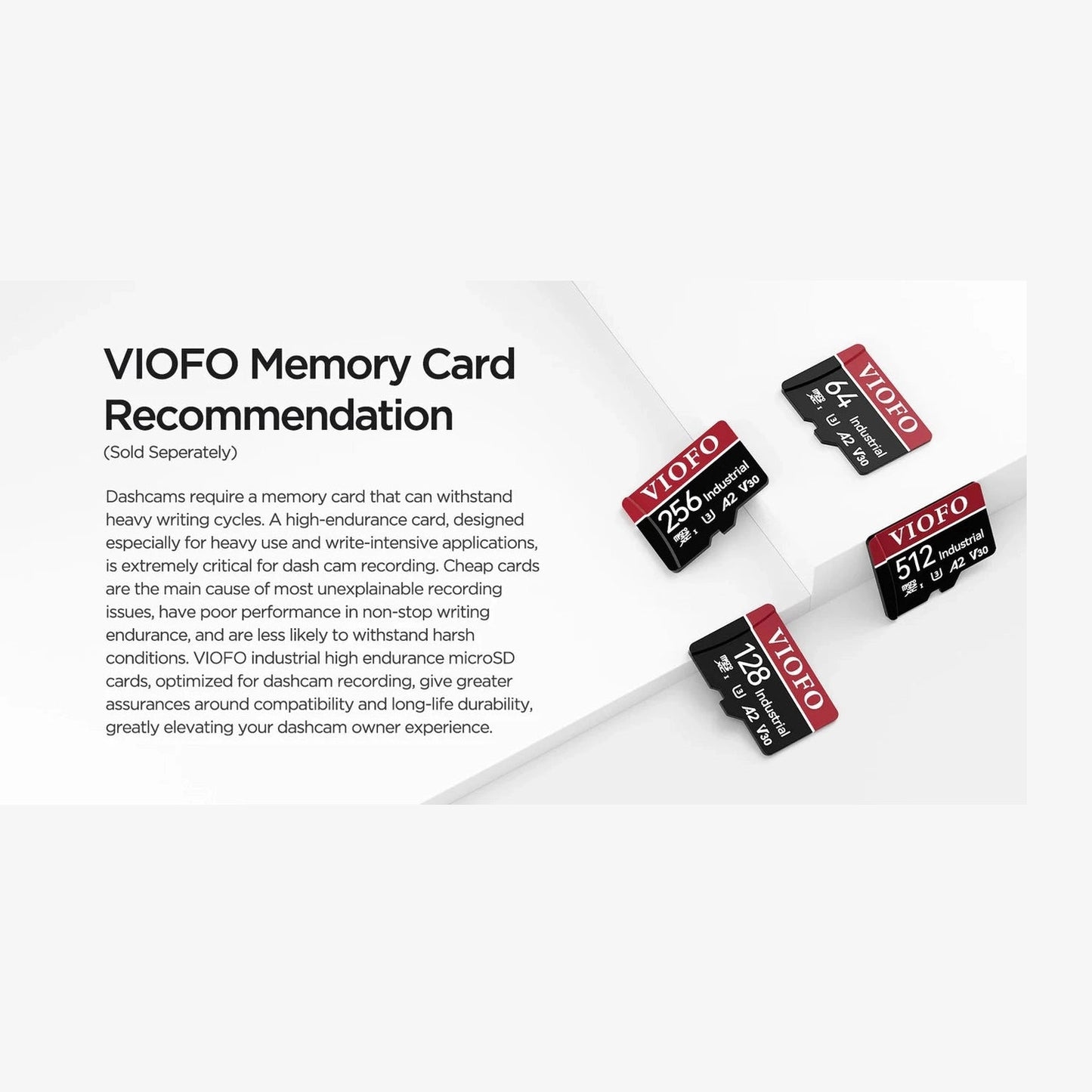 VIOFO compatible microSD cards for motorcycle dash cam with 64GB to 512GB capacity and U3 A2 V30 specs