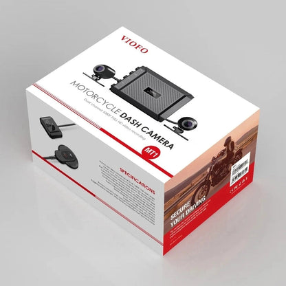VIOFO MT1 motorcycle dash cam retail box featuring dual-channel 1080p recording