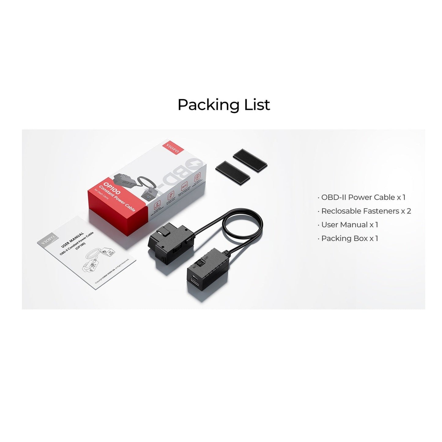 VIOFO OP100 box contents including OBD cable, fasteners, and user manual