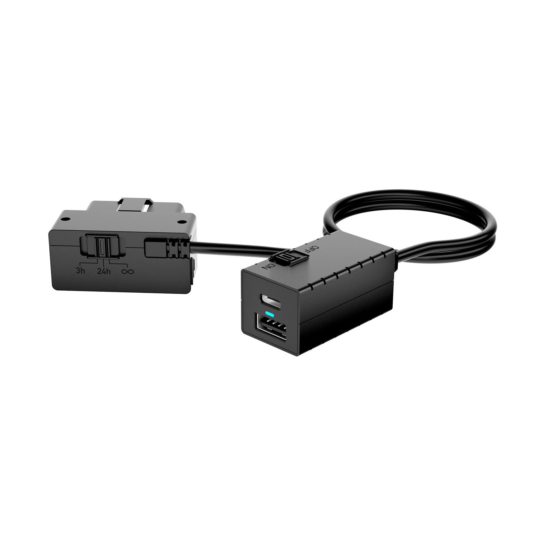 VIOFO OP100 black plastic hardwire kit with flip cover and dual USB ports
