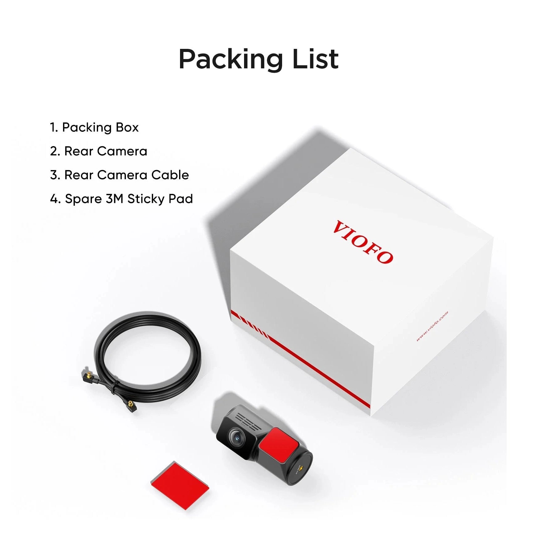 VIOFO RC420 rear camera box contents including cable and pads