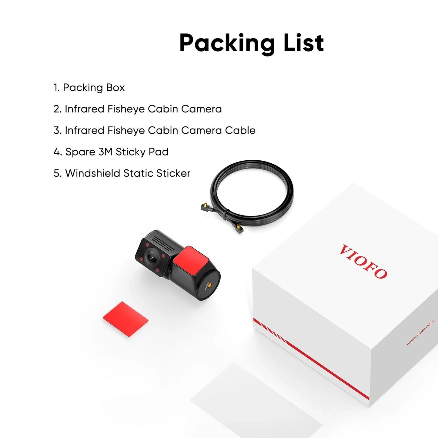 VIOFO RCC360 cabin camera packing list with infrared fisheye lens, cable and mounting accessories