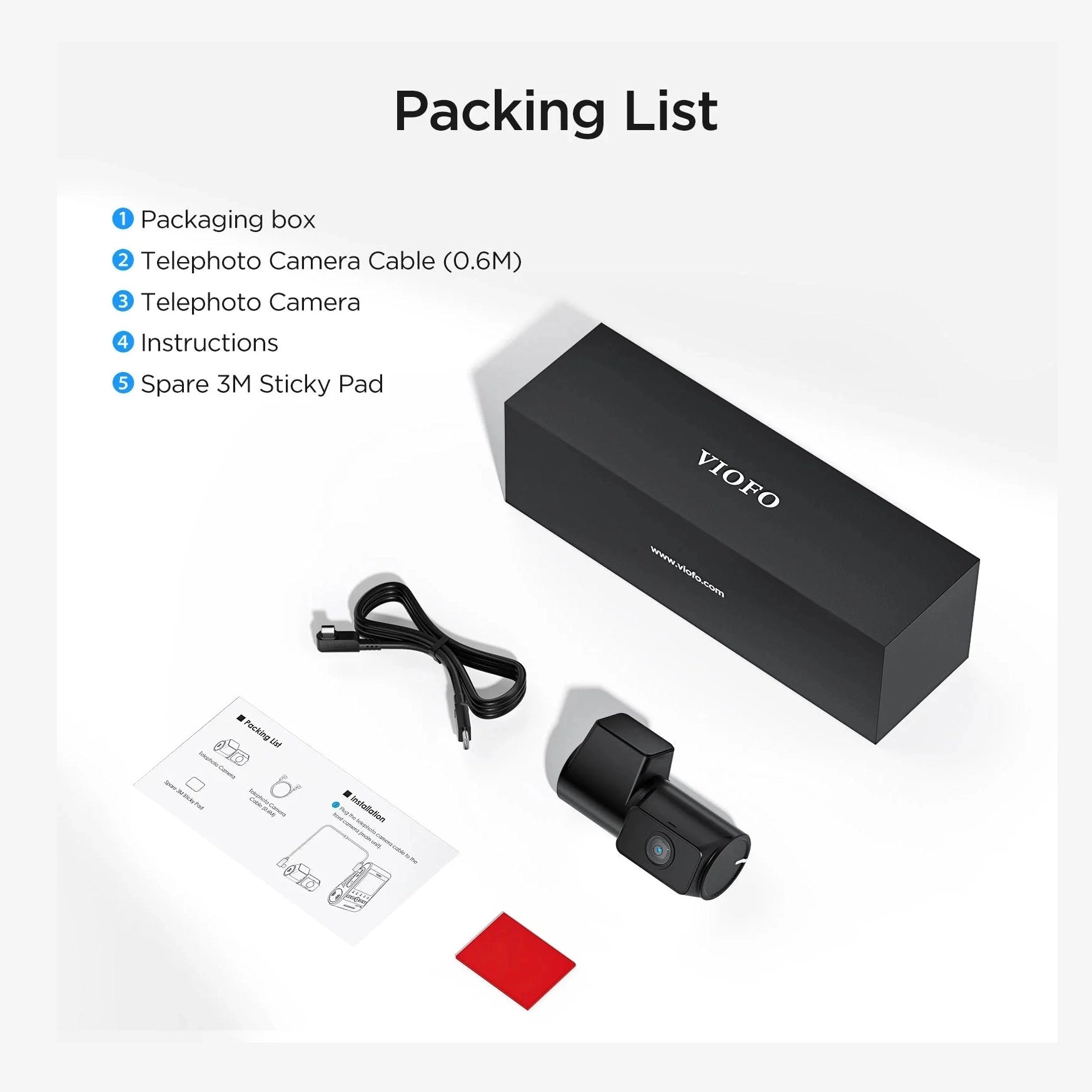 VIOFO RTC300 telephoto camera box contents including lens, cable, and mounting pad