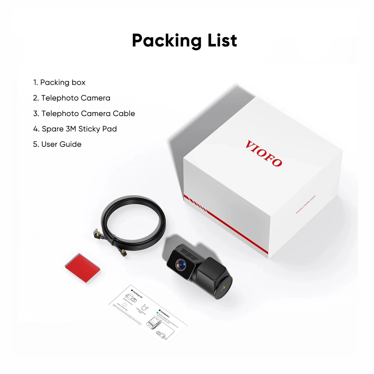 VIOFO RTC420 telephoto dash cam packing list including cable, adhesive pad, and user guide