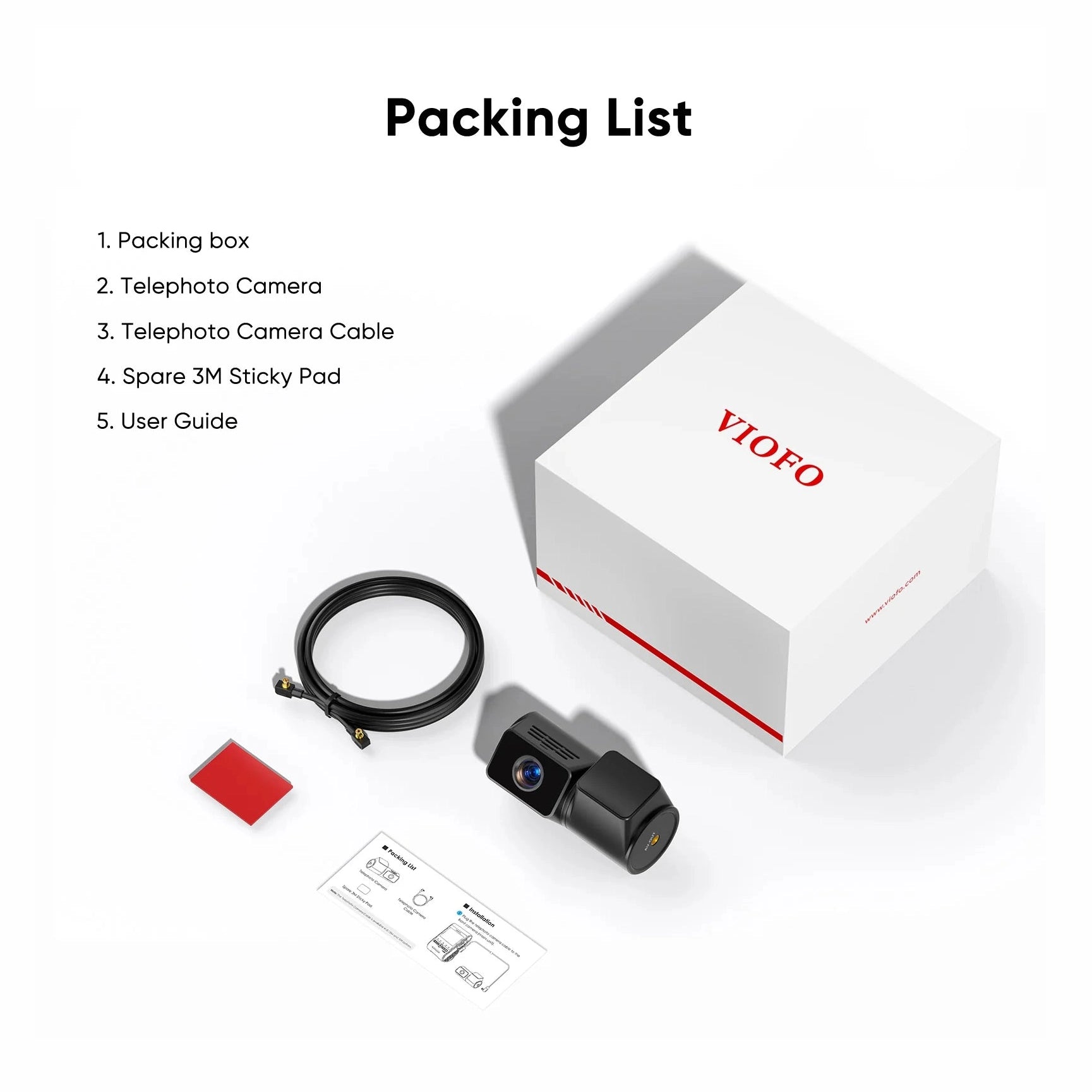 VIOFO RTC420 telephoto dash cam packing list including cable, adhesive pad, and user guide