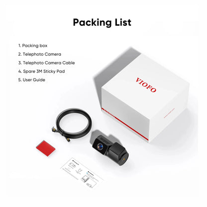 VIOFO RTC420 telephoto dash cam packing list including cable, adhesive pad, and user guide
