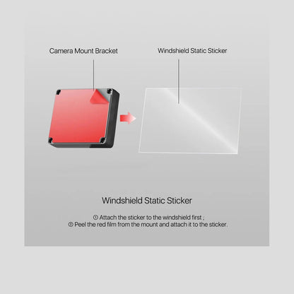 Diagram showing VIOFO static cling film installation between dash cam mount and windshield