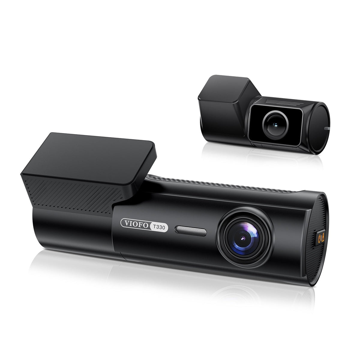 VIOFO T330 screenless dual channel dash cam front unit and square rear camera side by side