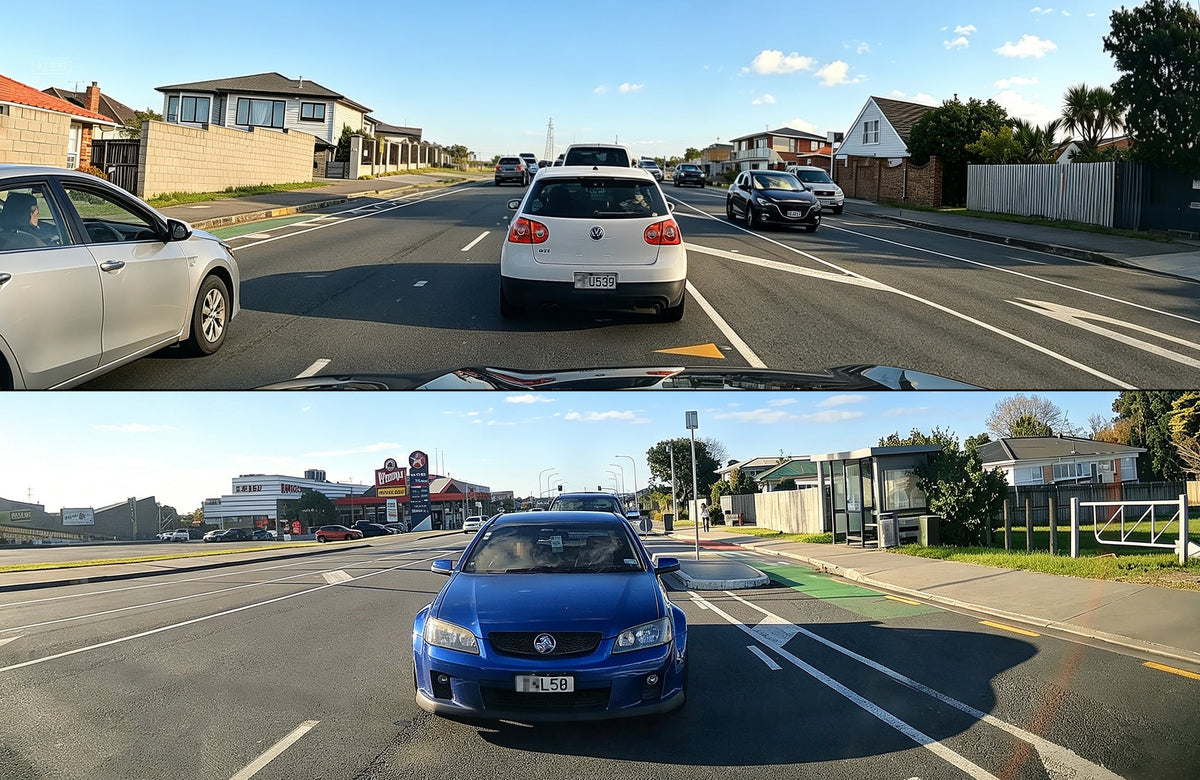 Split-screen 4K footage from VIOFO T330 showing simultaneous front and rear road views