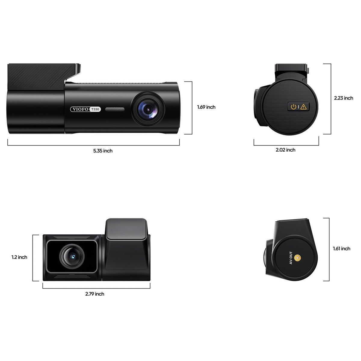 Technical dimension diagram of VIOFO T330 screenless dash cam front and rear sensor sizes