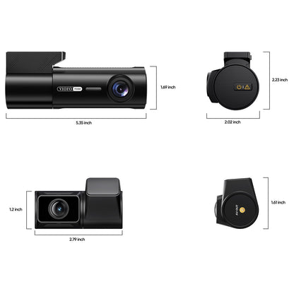 Technical dimension diagram of VIOFO T330 screenless dash cam front and rear sensor sizes