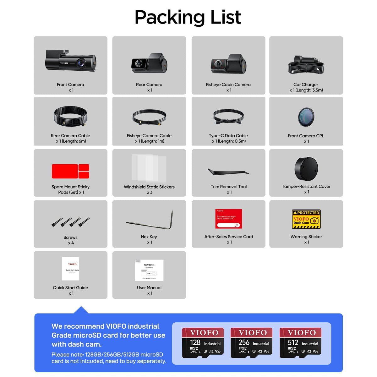 VIOFO T330 dash cam packing list including cameras, cables, and microSD card