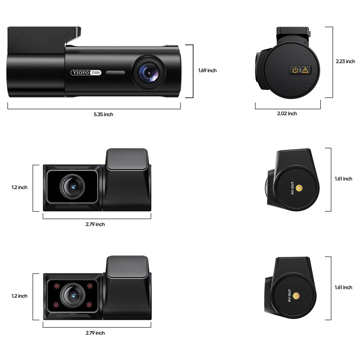 VIOFO T330 dash cam dimensions diagram showing front, rear, and cabin camera sizes