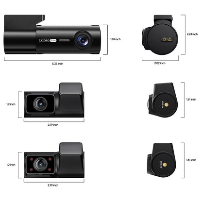 VIOFO T330 dash cam dimensions diagram showing front, rear, and cabin camera sizes