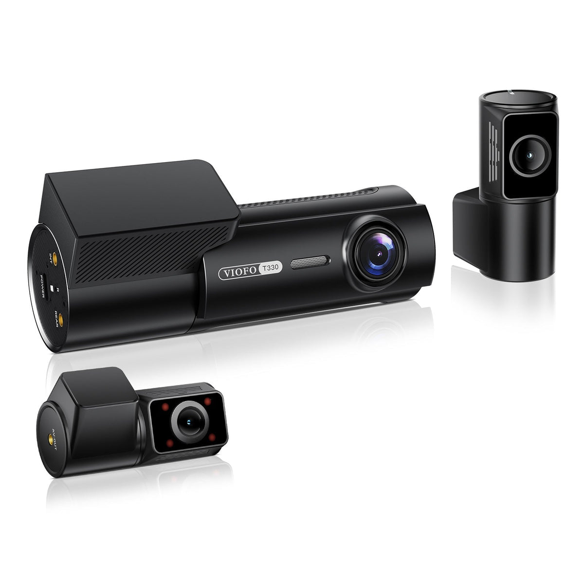 VIOFO T330 three-channel dash cam components on white background