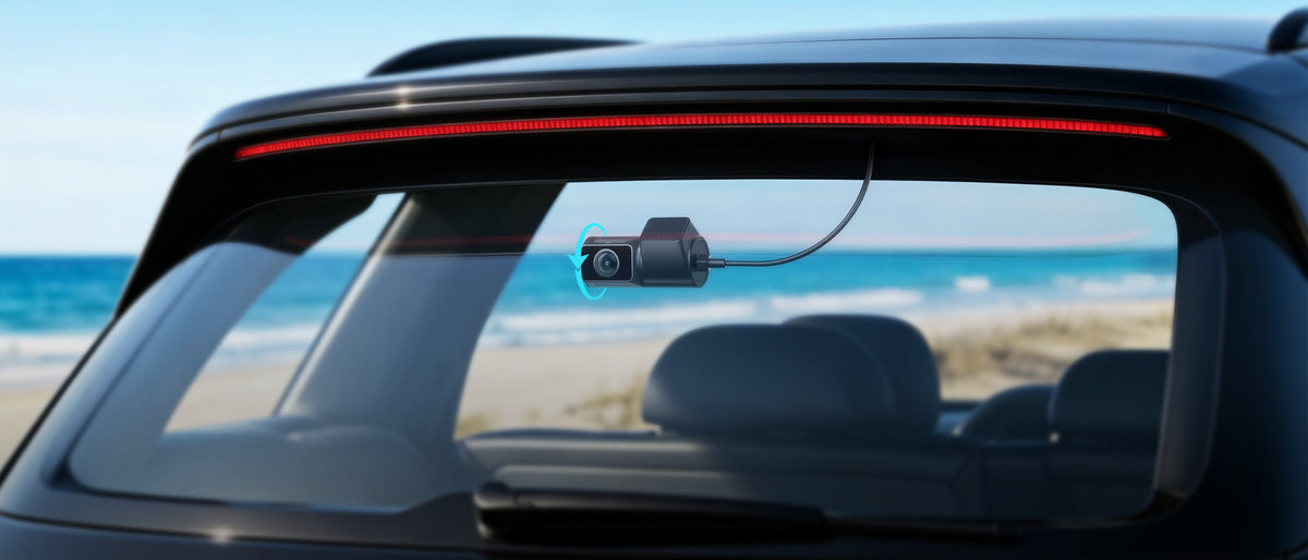 VIOFO T330T rear camera mounted inside rear window with adjustable rotation angle