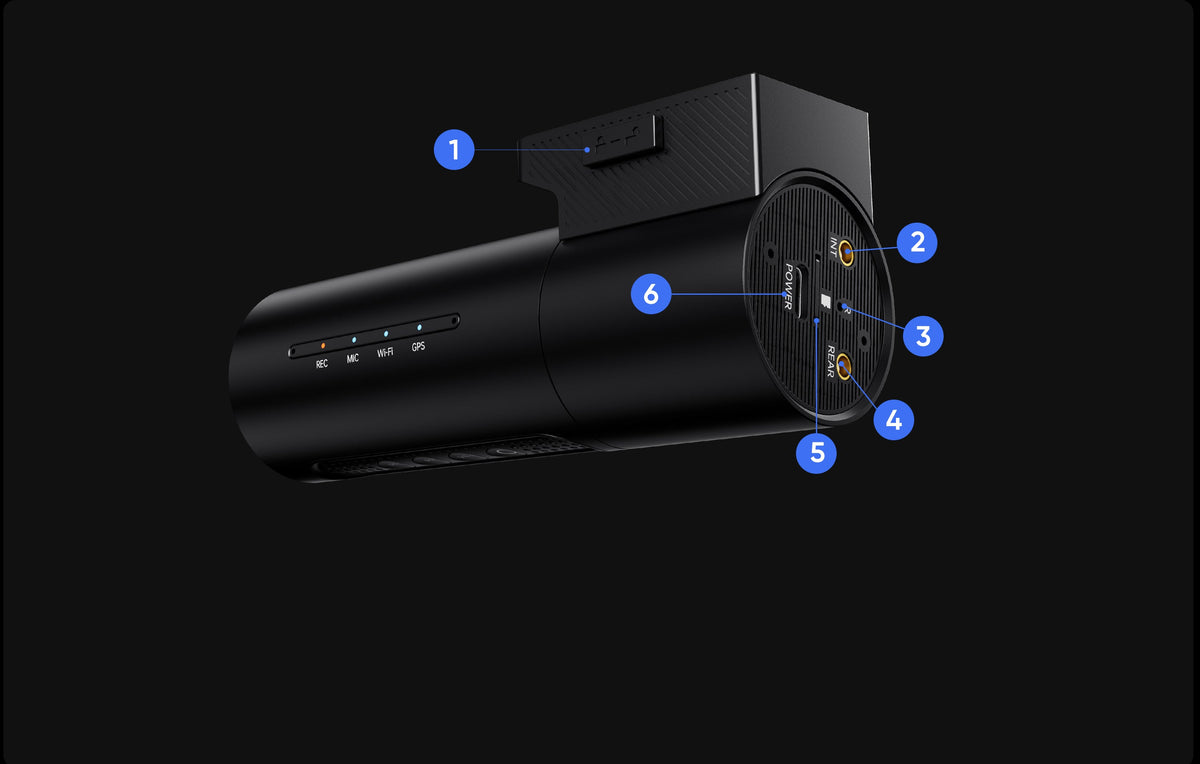 VIOFO T330T screenless dash cam ports and LED indicators including GPS, Wi-Fi, and power buttons