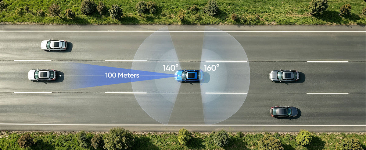 VIOFO T330T dash cam field of view diagram showing 140 and 160 degree coverage angles