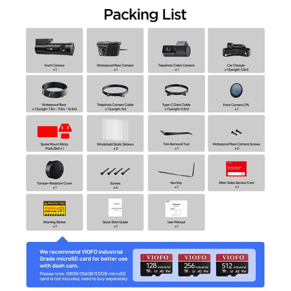VIOFO T330TW dash cam packing list including cameras, cables, charger, and mounting hardware