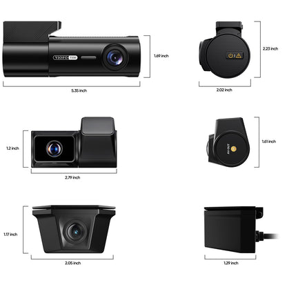 VIOFO T330TW dash cam dimensions diagram showing size of main unit, telephoto, and rear cameras