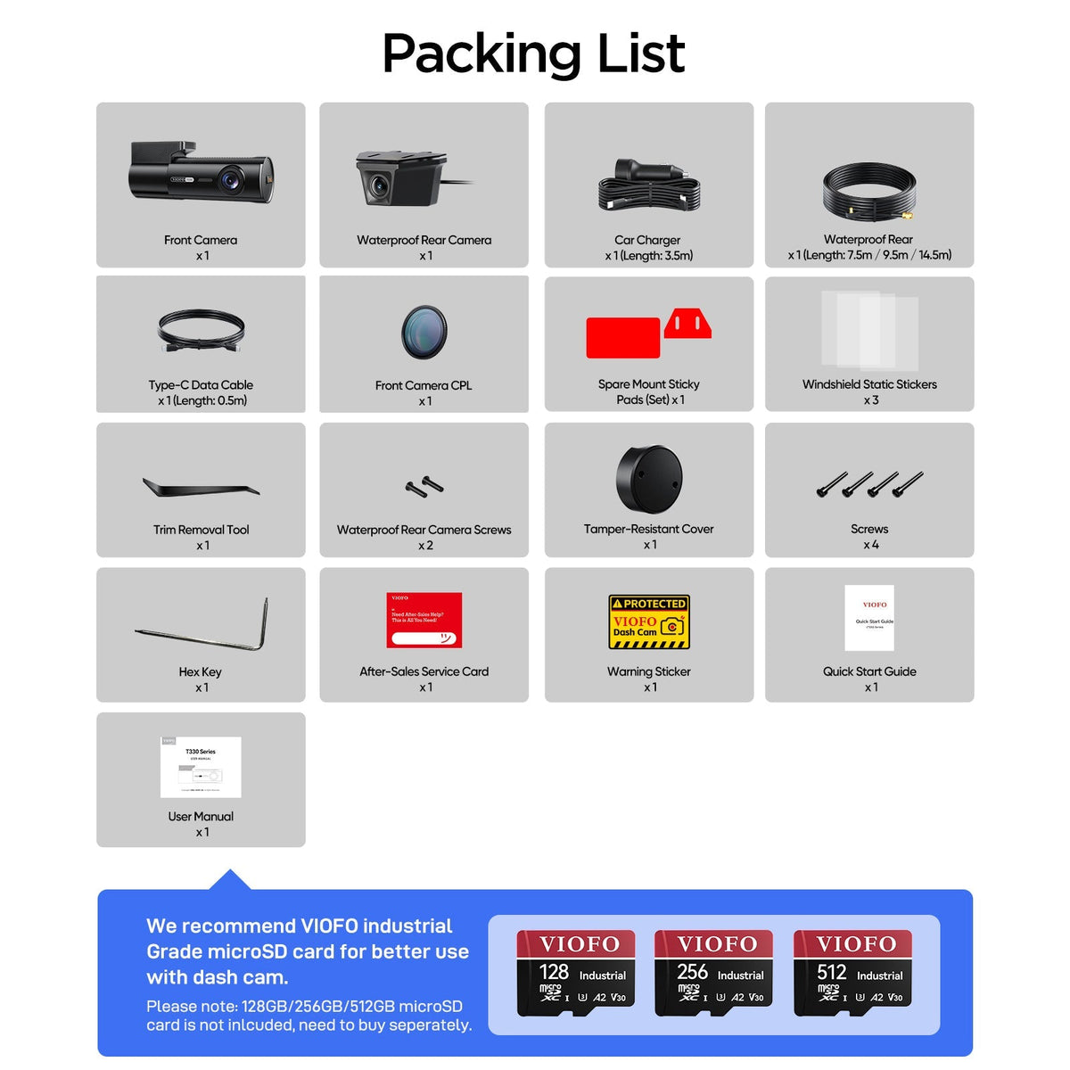 VIOFO T330W dash cam accessories kit including cables, screws, manuals and microSD card recommendation