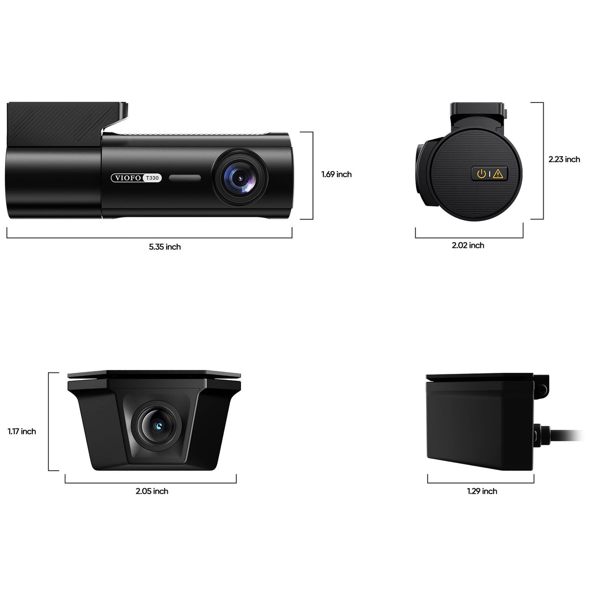 VIOFO T330W dash cam technical dimensions and size diagrams for front and rear units