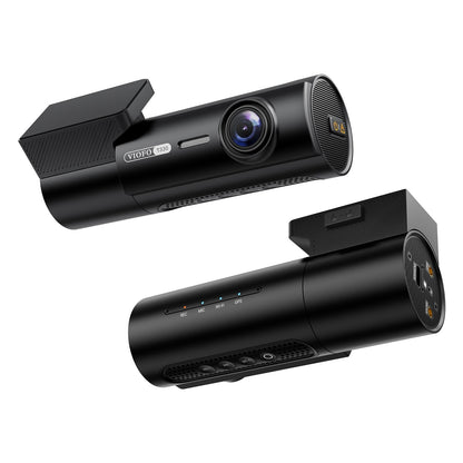 VIOFO T330W screenless dash cam showing front lens and rear control panel with GPS WiFi indicators