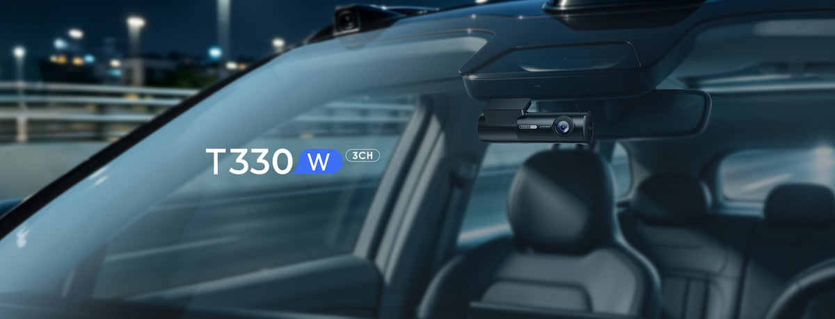 VIOFO T330W 3CH dash cam mounted on car windshield at night