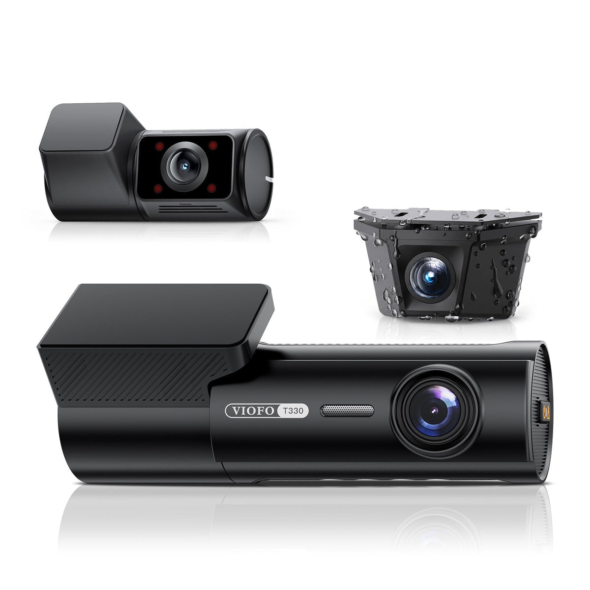 VIOFO T330W 3CH dash cam set with front, cabin, and waterproof rear units
