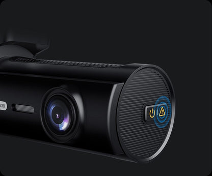 VIOFO T330W side profile showing lens, button, and hazard symbol