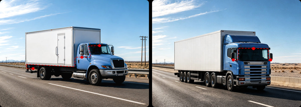 External camera mounting points on light blue box truck and semi-trailer cab