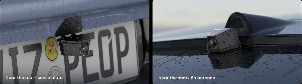 Waterproof rear camera installation near license plate or shark fin antenna