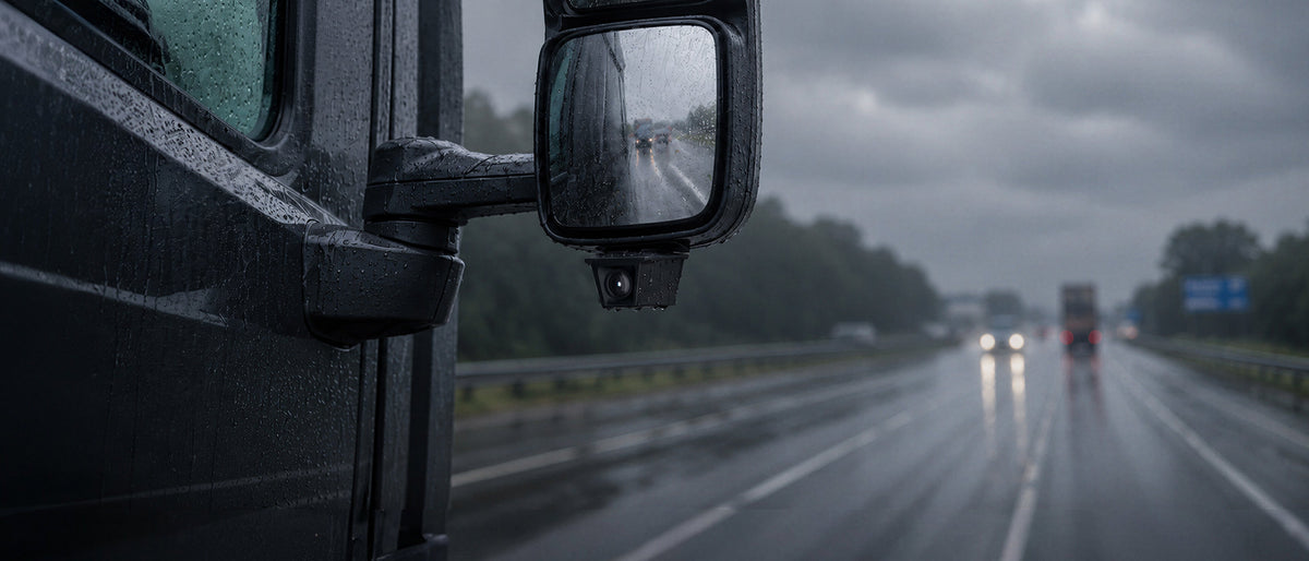 Waterproof camera mounted under truck side mirror in rainy highway conditions