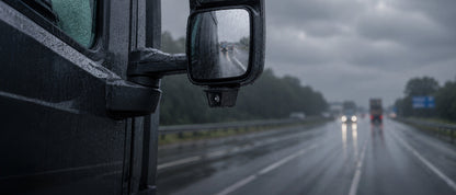 Waterproof camera mounted under truck side mirror in rainy highway conditions