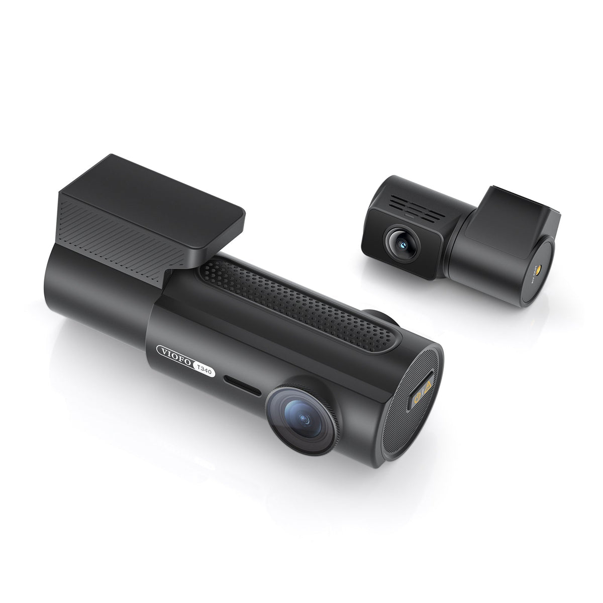 Top detail of VIOFO T340 dash cam speaker grille with compact rear camera