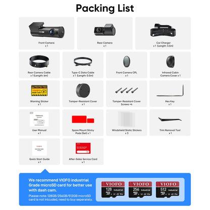 VIOFO T340 dash cam accessories kit including mounts, cables, and microSD card