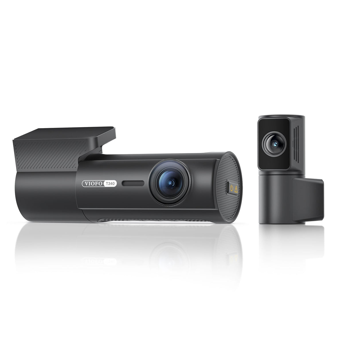 Side view of VIOFO T340 screenless dash cam showing front lens and rear module
