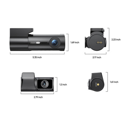 VIOFO T340 dash cam dimensions diagram for front unit and rear camera