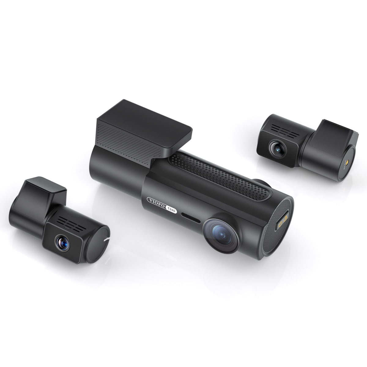 VIOFO T340 dash cam top view showing textured mount and auxiliary camera lenses