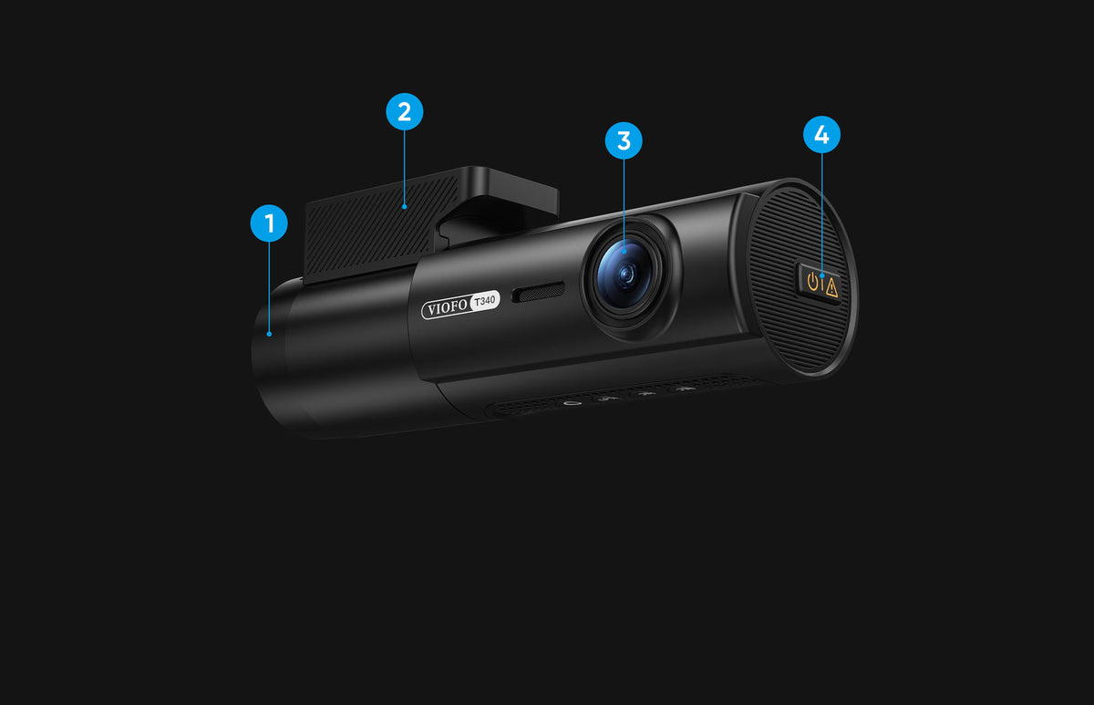 VIOFO T340 dash cam front-side view highlighting lens, mount, and power button