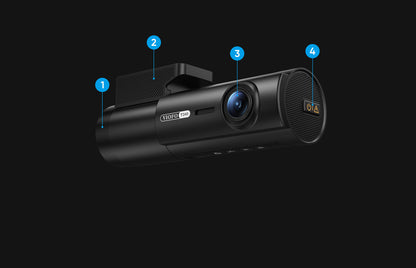 VIOFO T340 dash cam front-side view highlighting lens, mount, and power button