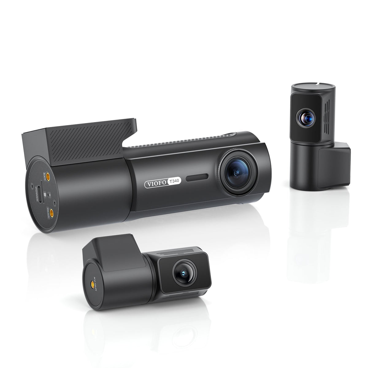 VIOFO T340 4CH dash cam with main unit and two auxiliary cameras on white surface