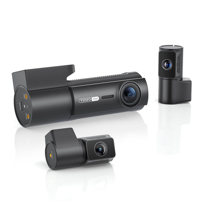 VIOFO T340 4CH dash cam with main unit and two auxiliary cameras on white surface