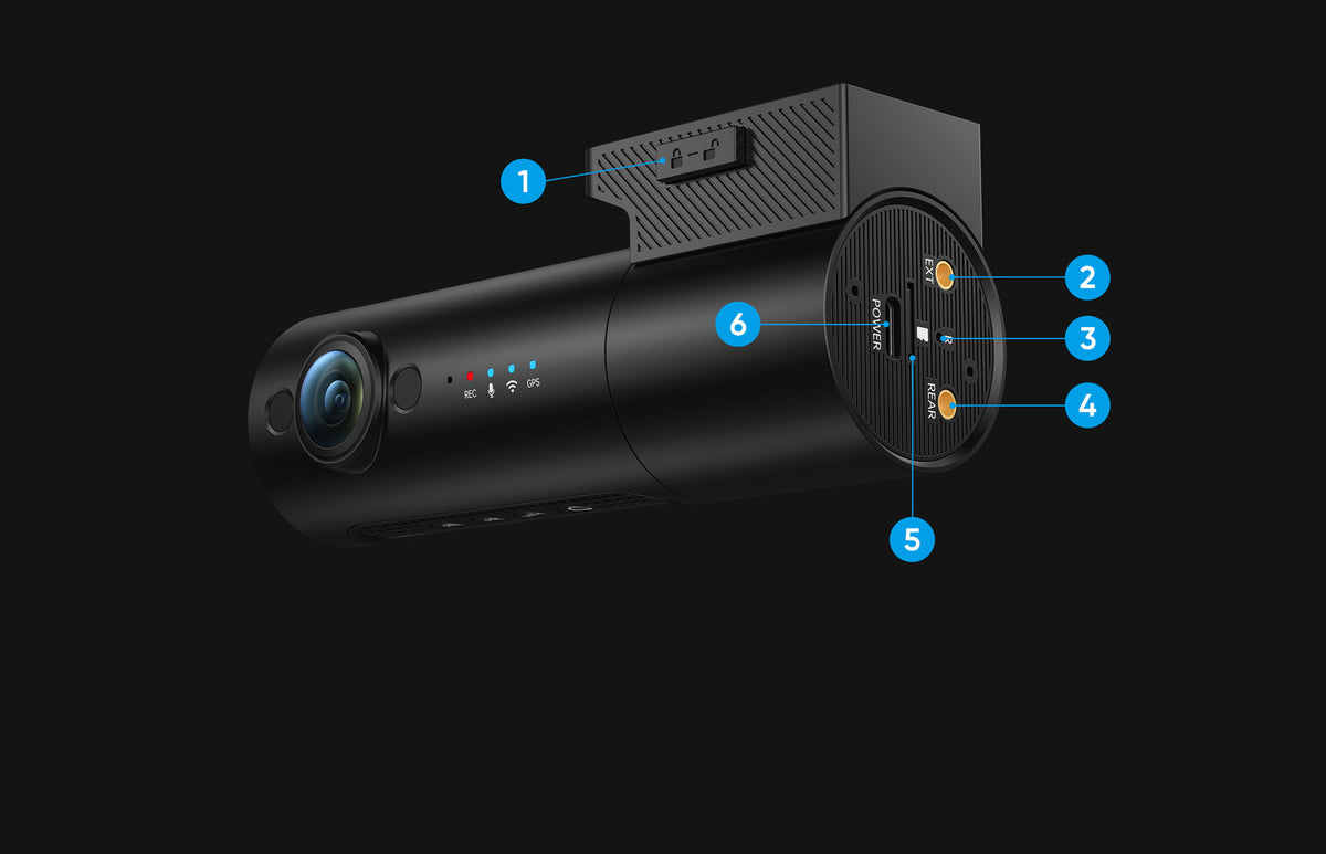 VIOFO T340 dash cam rear angle showing ports, exit button, and lock switch